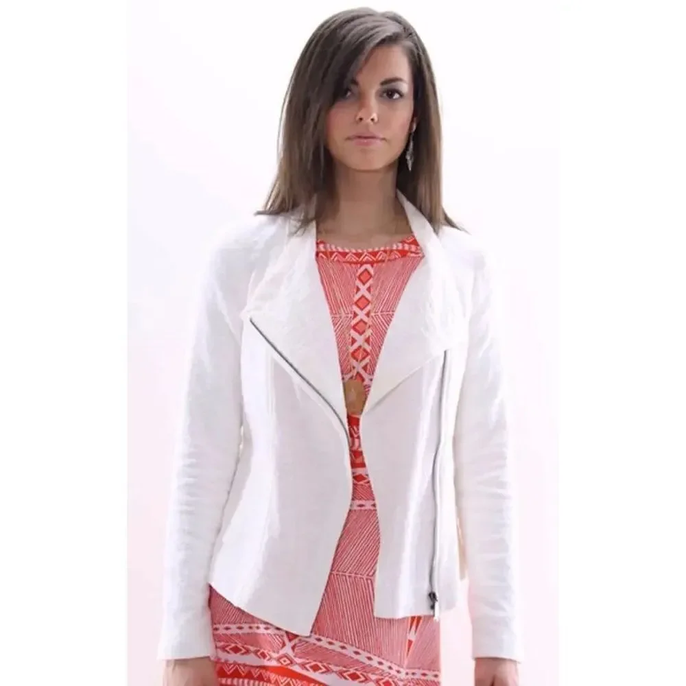 VINCE Cream TEXTURED ZIPPER FRISE asymmetrical JACKET $425 sz XXS